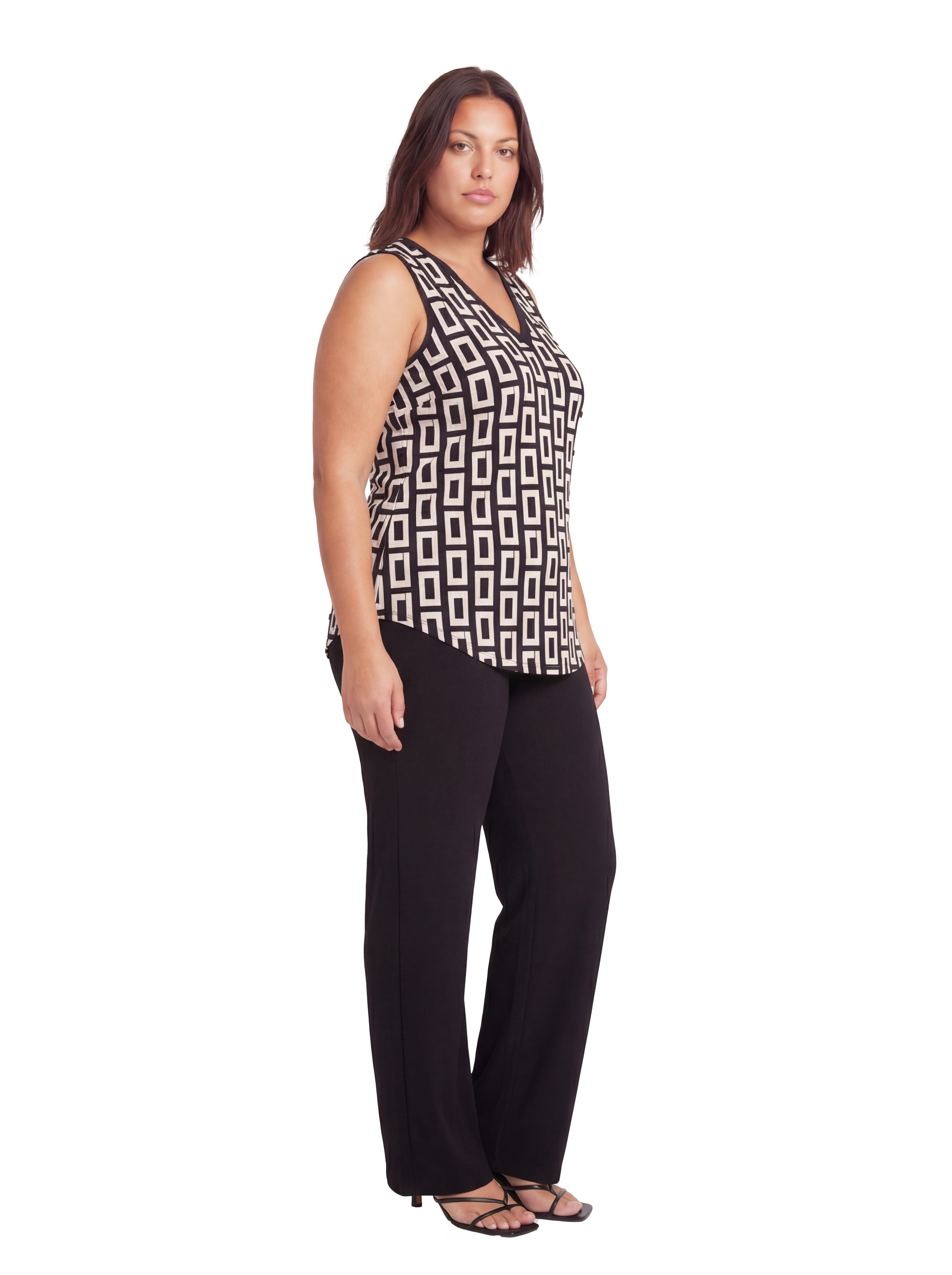 Curvy Essential Geometric Print V-Neck Sleeveless Round Hem Top and Elastic Waist Flared Pant Set - image 2