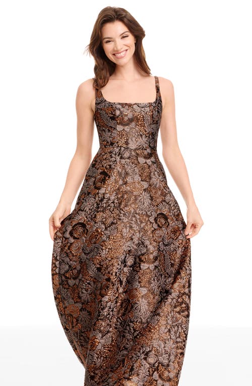 Dress The Population Vienna Metallic Floral Jacquard A-line Gown In Brown