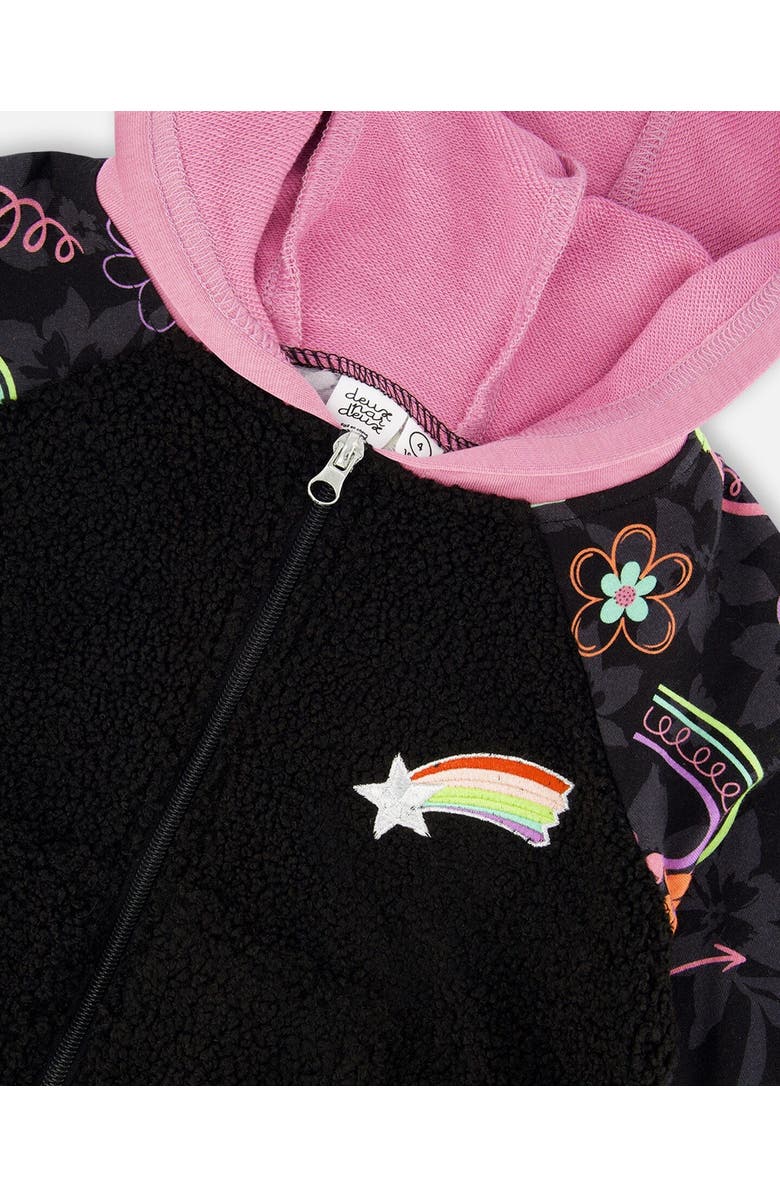 Deux par Deux Girl's Bi-Material French Terry And Soft Fleece Zip Hoodie Black, Alternate, color, 