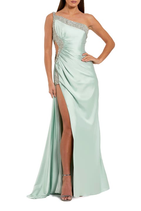 One Shoulder Embellished Cut Out Slit Gown