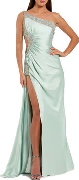 Mac Duggal One Shoulder Embellished Cut Out Slit Gown
