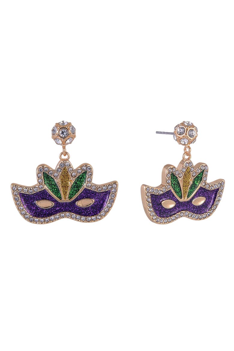 Mardi Gras Mask Stone Earrings, Main, color, Purple