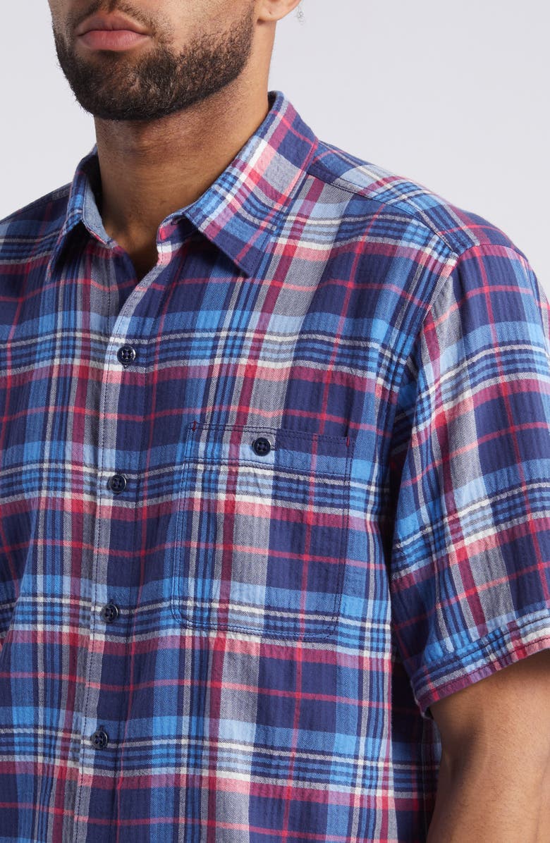 Tommy Bahama Beachside Plaid Short Sleeve Stretch Button-Up Shirt, Alternate, color, Island Navy