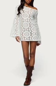 EDIKTED Sheer Lace One-Shoulder Long Sleeve Minidress