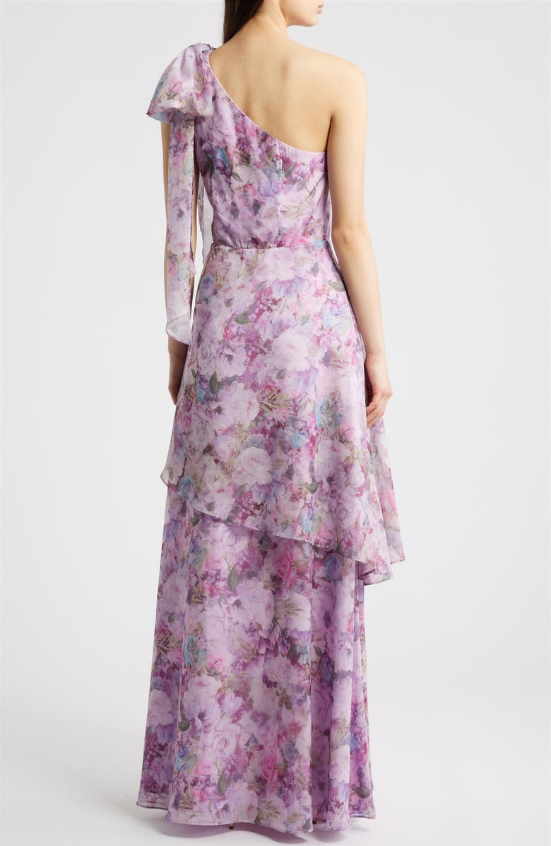 Lulus Amara Floral One-Shoulder Gown, Alternate, color, Lavender Floral