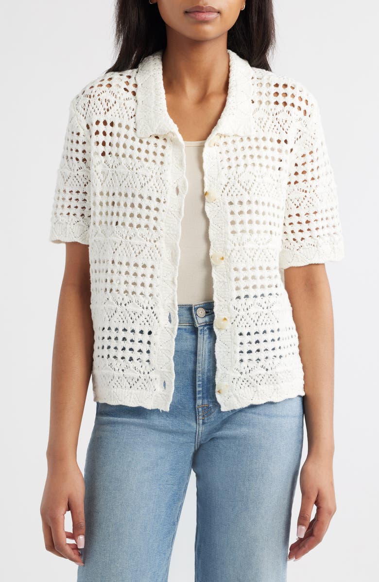 beachlunchlounge Penny Open Knit Short Sleeve Cardigan, Alternate, color, White