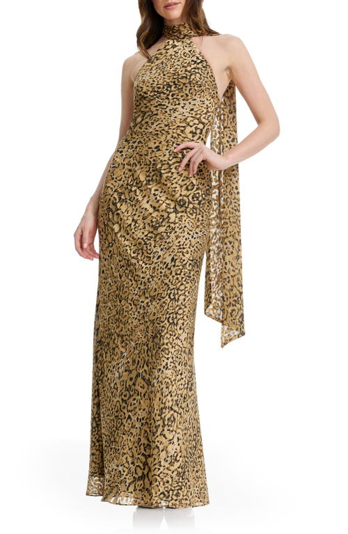 Dress The Population Olivia Leopard Print Halter Neck Gown In Multi