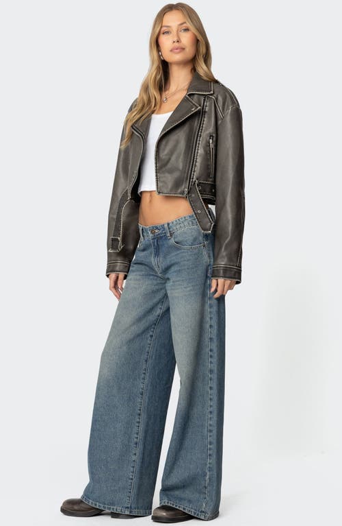 Edikted Washed Faux Leather Moto Jacket In Gray-washed