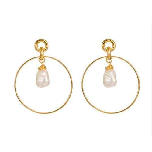 Hollywood Sensation Drop Hoop Earrings With Simulated Pearl Drop In Gold
