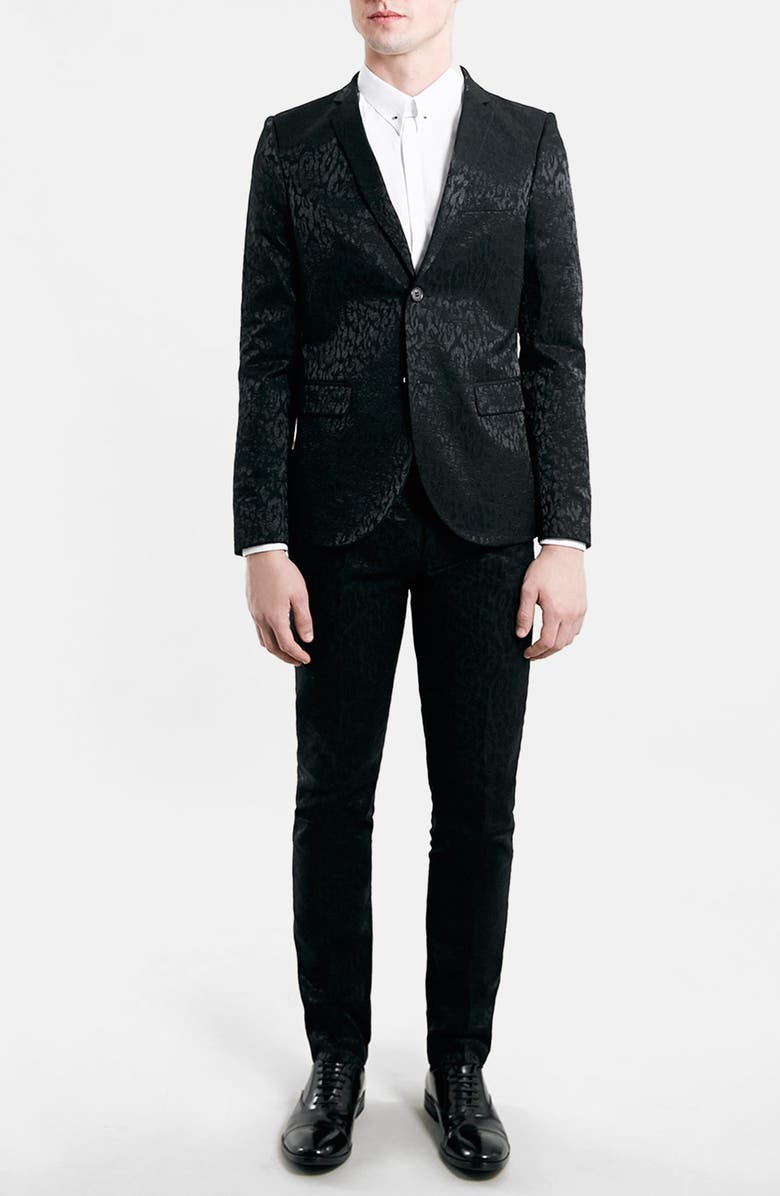 Topman Black Animal Print Skinny Fit Suit Jacket, Alternate, color, 