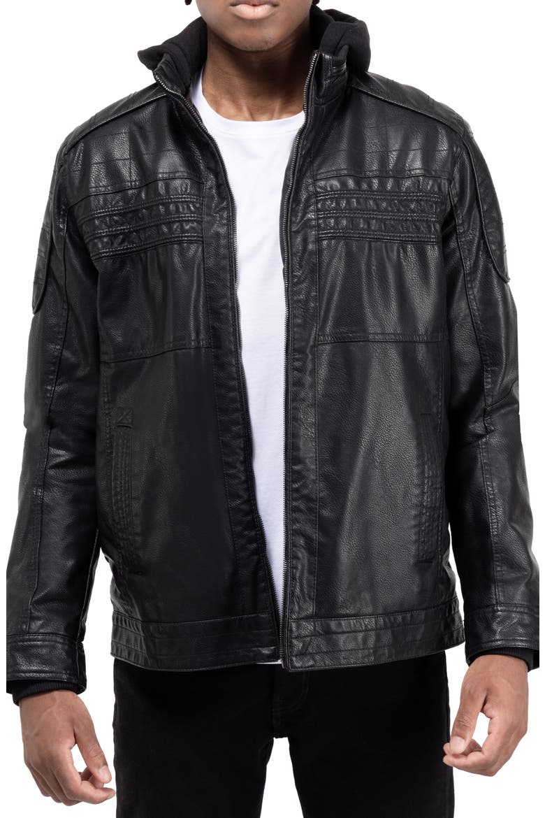 Faux Leather Hooded Moto Jacket with Faux Fur Lining, Main, color, BLACK