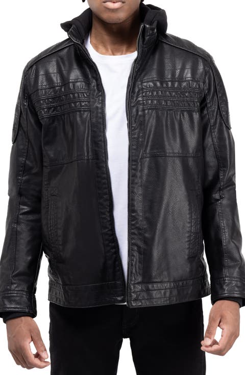 Faux Leather Hooded Moto Jacket with Faux Fur Lining