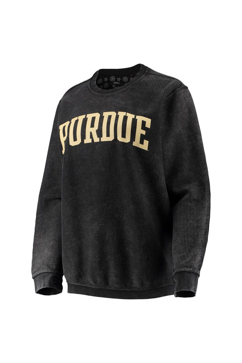 Women's Pressbox Black Purdue Boilermakers Comfy Cord Vintage Wash Basic Arch Pullover Sweatshirt, Alternate, color, Black