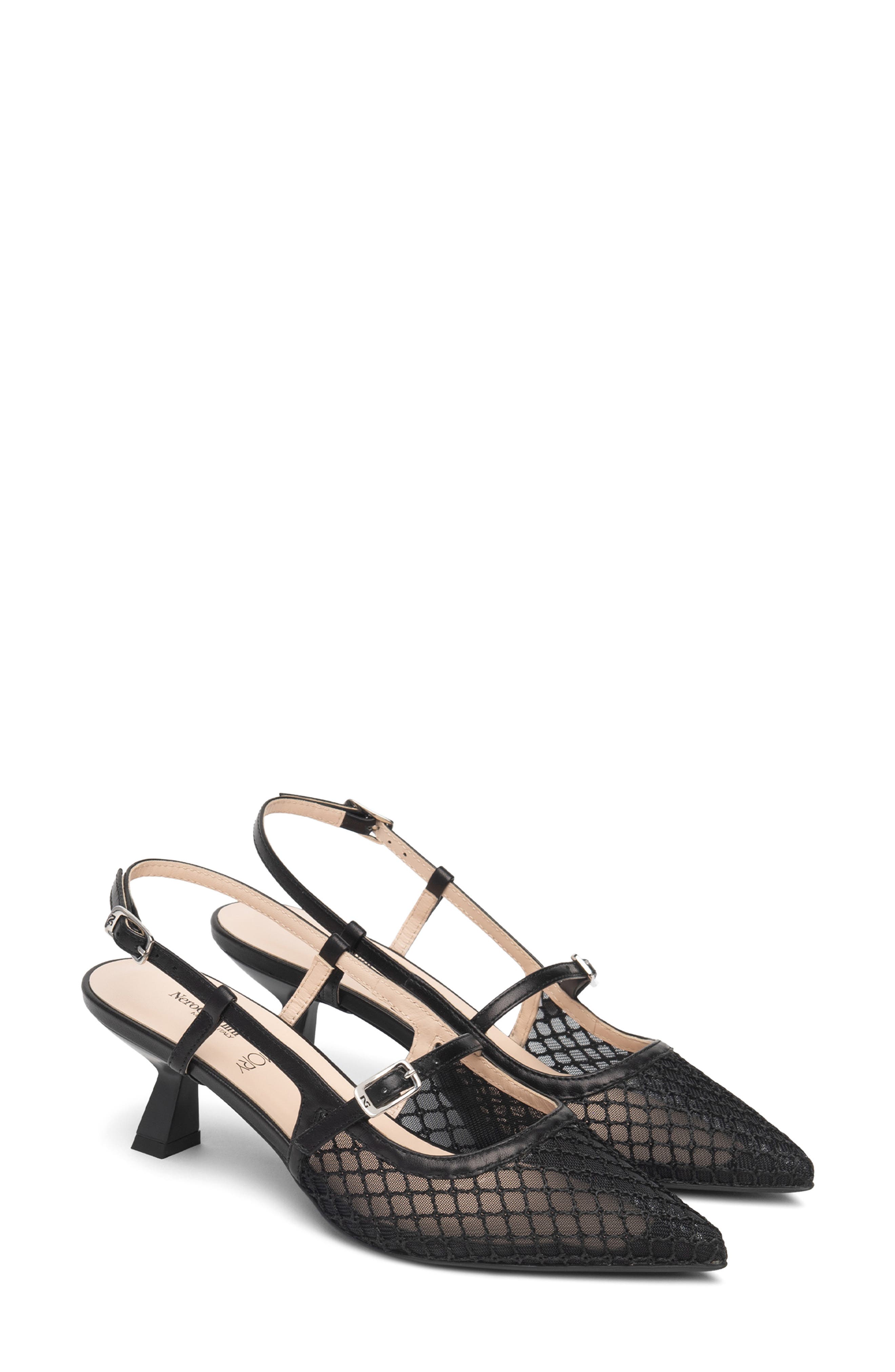 NeroGiardini Mesh Pointed Toe Slingback Pump, Main, color, Black