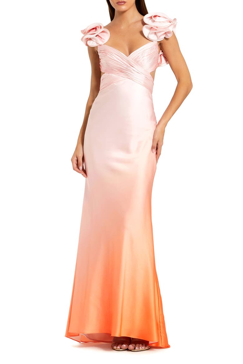 Charmeuse Ombre Gown with Ruffle Straps and Crossover Bodice, Main, color, Sunset