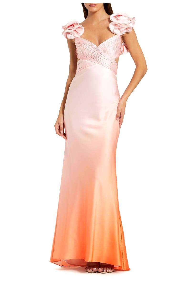 Mac Duggal Charmeuse Ombre Gown with Ruffle Straps and Crossover Bodice, Main, color, Sunset