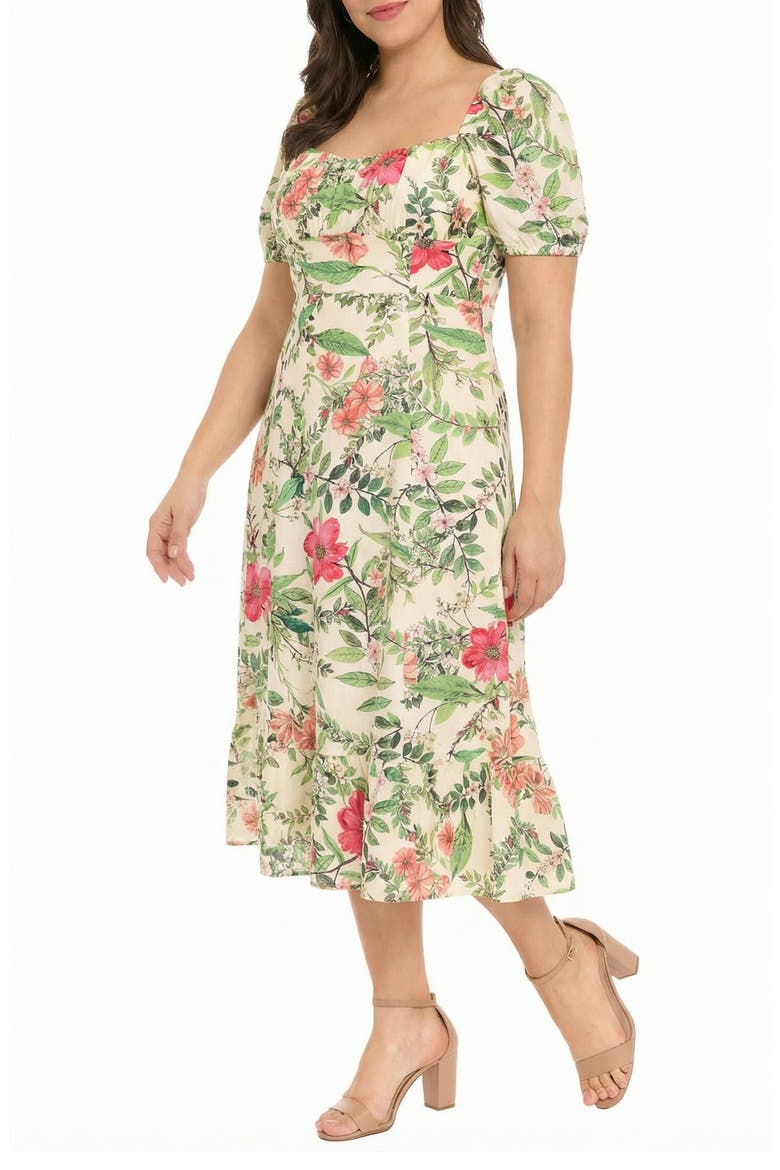 Floral Short Sleeve Linen Blend Midi Dress, Alternate, color, CREAM/ PINK
