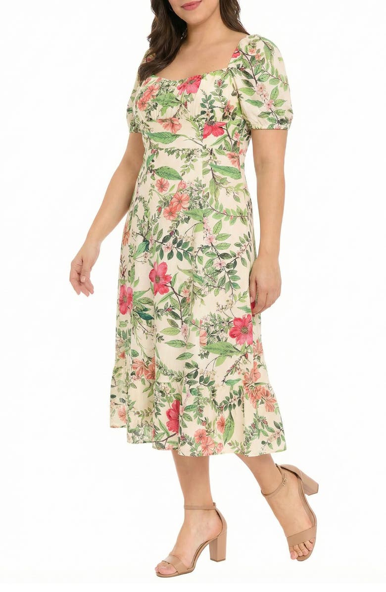 London Times Floral Short Sleeve Linen Blend Midi Dress, Alternate, color, Cream/ Pink