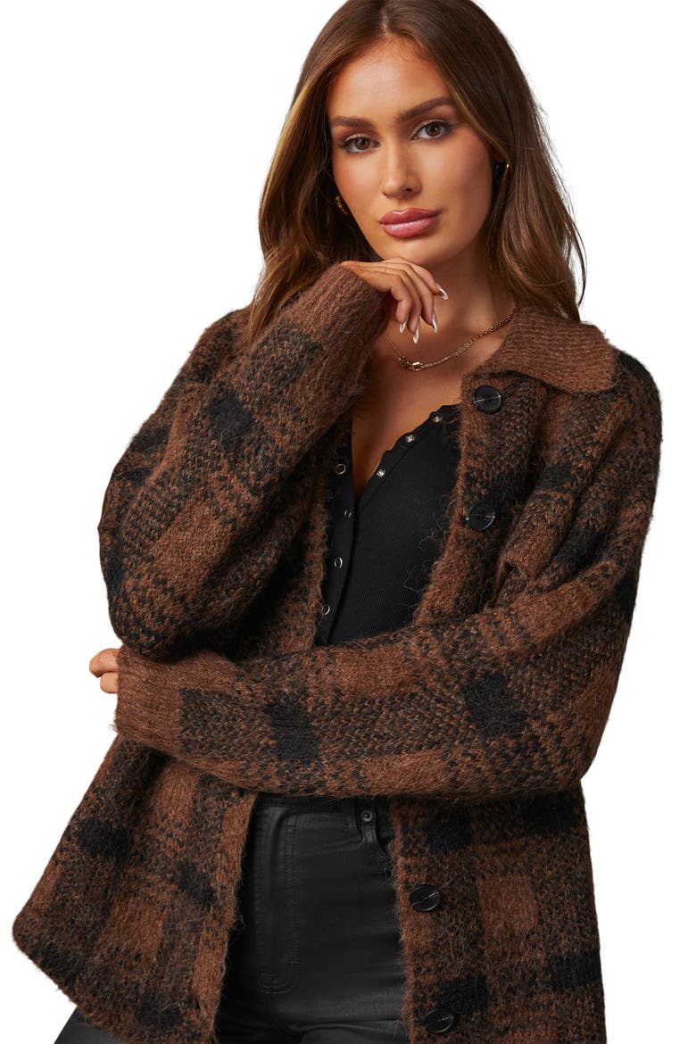 Gallagher Plaid Cardigan, Alternate, color, BROWN