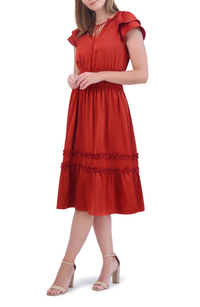 Eliza J Tiered Ruffle Sleeve Tie Neck Midi Dress, Alternate, color,