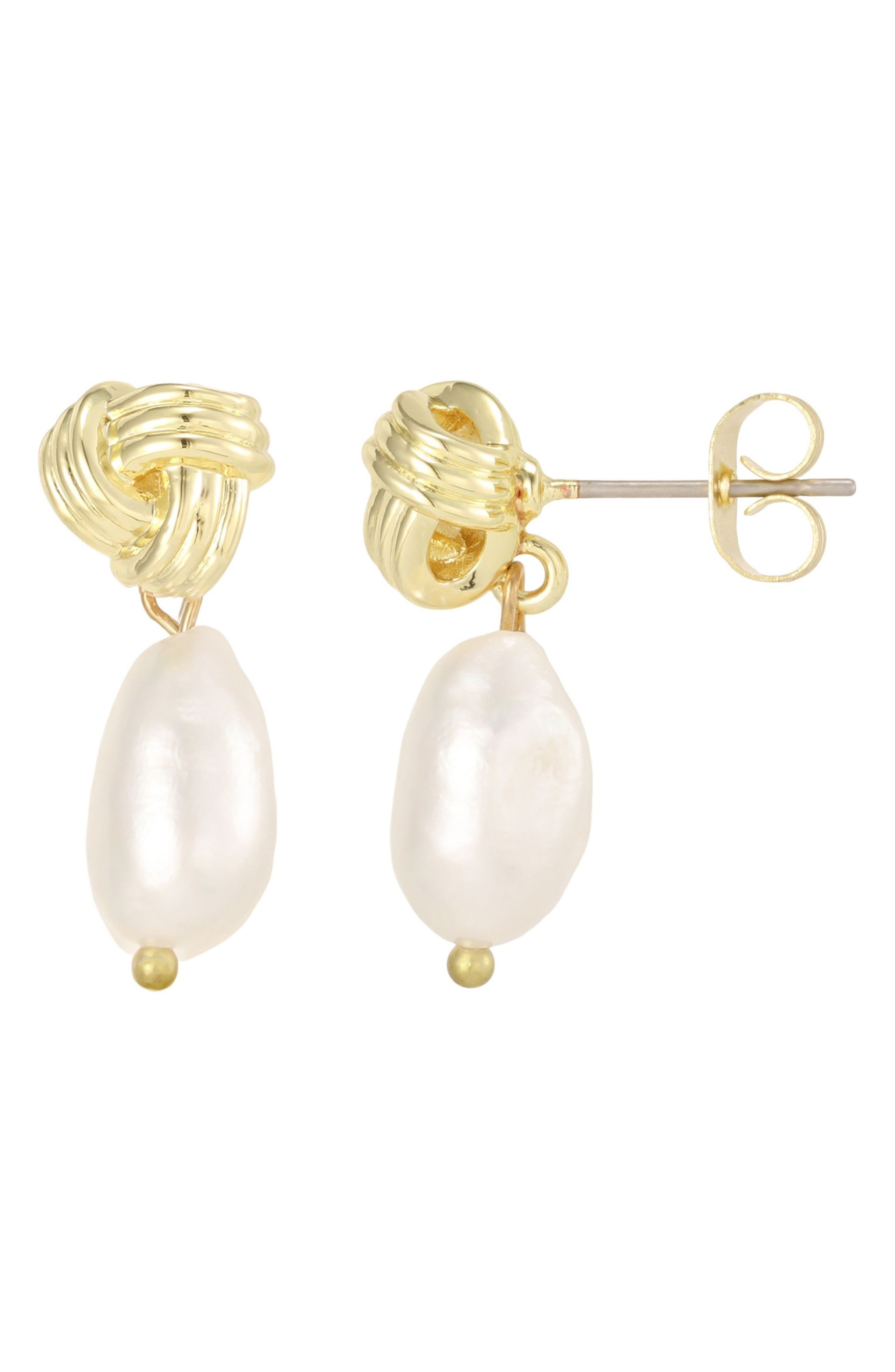 14k Gold Plated Freshwater Pearl Love Knot Drop Earrings