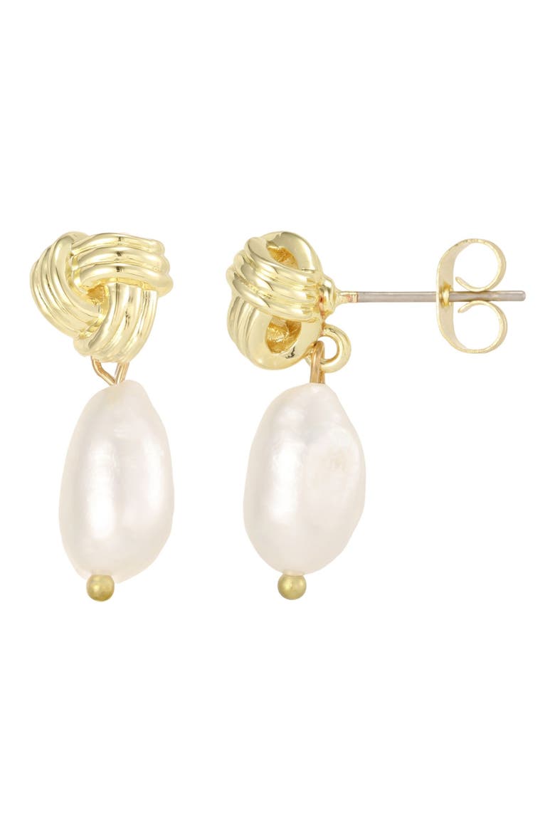 14k Gold Plated Freshwater Pearl Love Knot Drop Earrings, Main, color, GOLD
