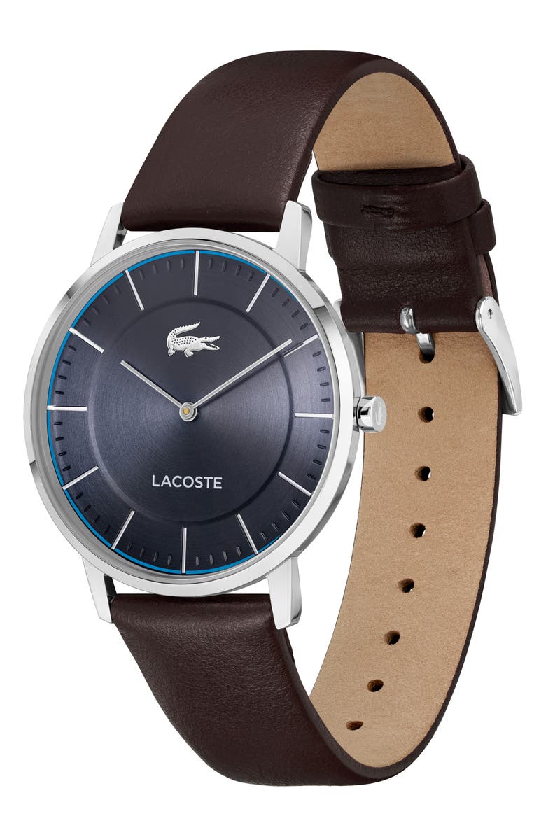 Lacoste Crocorigin Navy Leather Strap Watch, 40mm, Alternate, color, Brown