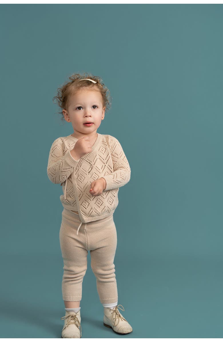 Charlotte & George Pointelle Knit 3 Piece Top, Pants and Hat Set, Alternate, color, Maple Sugar