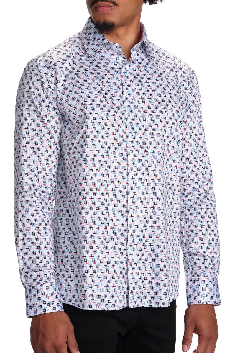 STUDIO GARNET LOS ANGELES Geometric Print Stretch Cotton Button-Up Shirt, Alternate, color, White