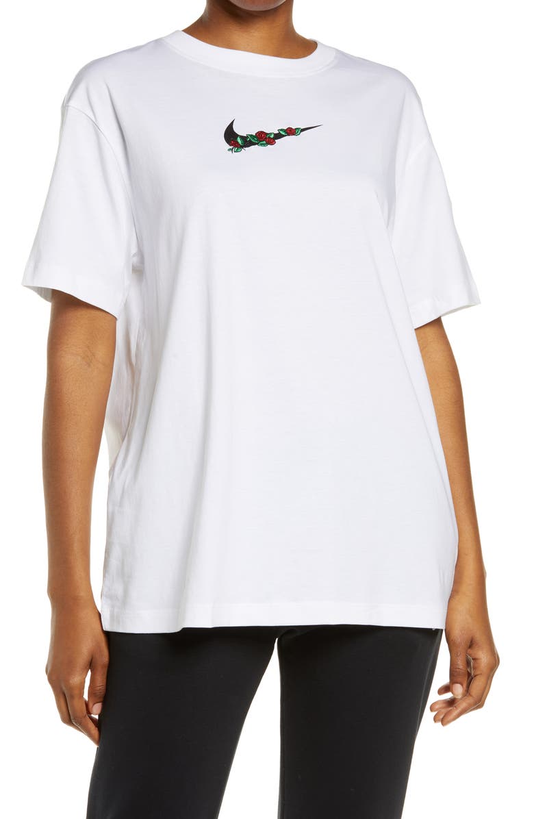 Nike Sportswear Embroidered Floral Swoosh Graphic Tee, Main, color,