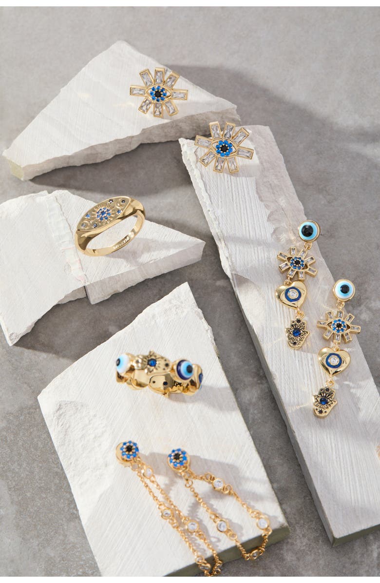 Alex and Ani Evil Eye Front to Back Chain Earring, Alternate, color, Gold Blue