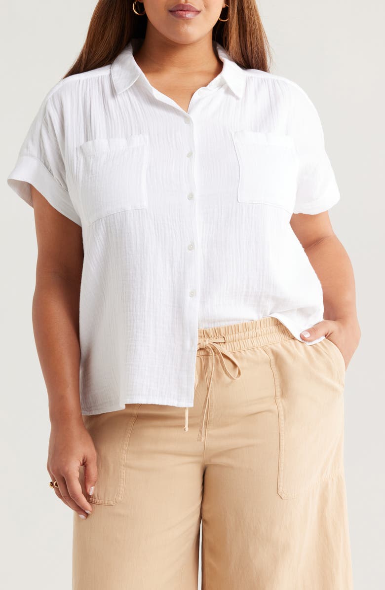 Caslon<sup>®</sup> Cotton Gauze Button-Up Shirt, Main, color, White