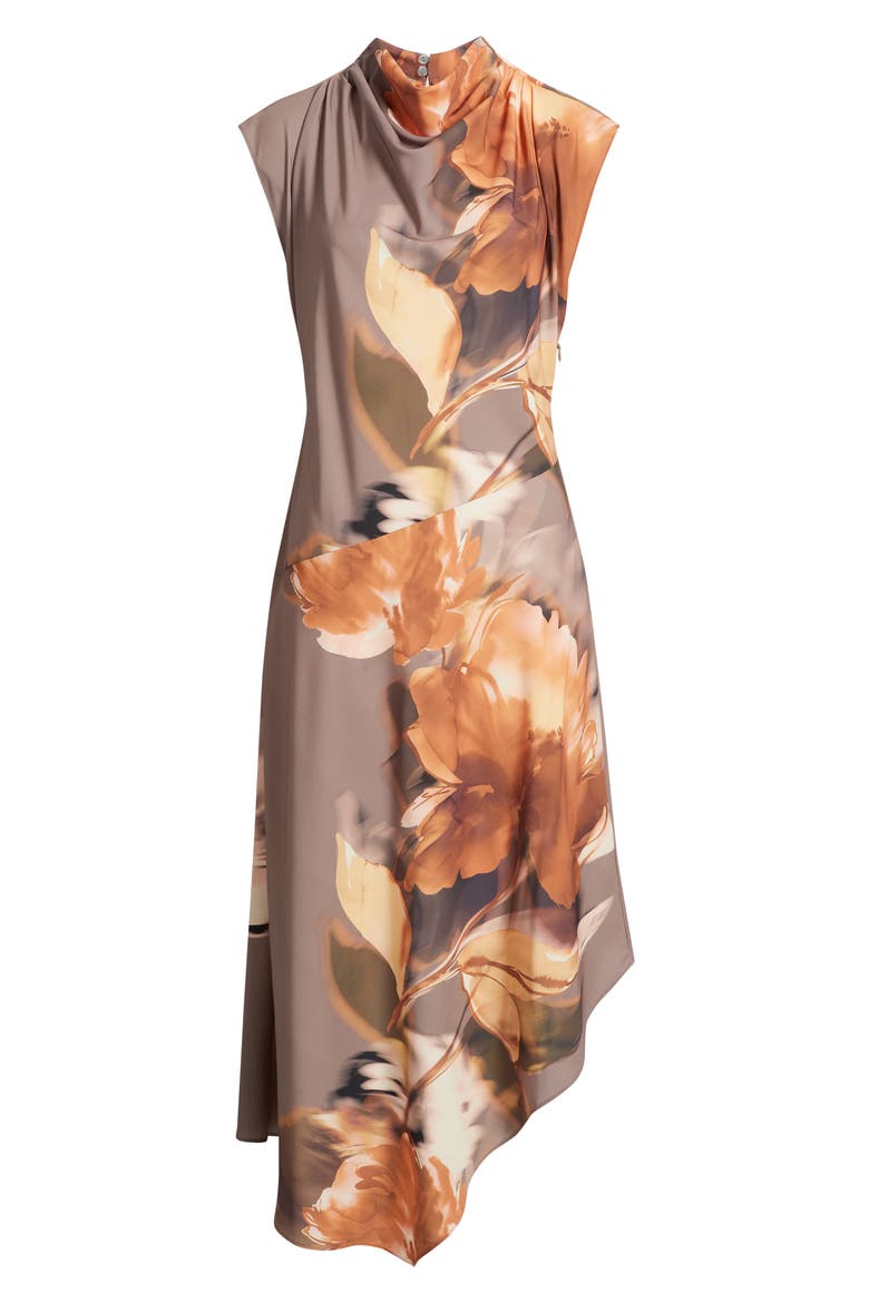 Print Asymmetric Cap Sleeve Cowl Neck Dress, Alternate, color, TAUPE
