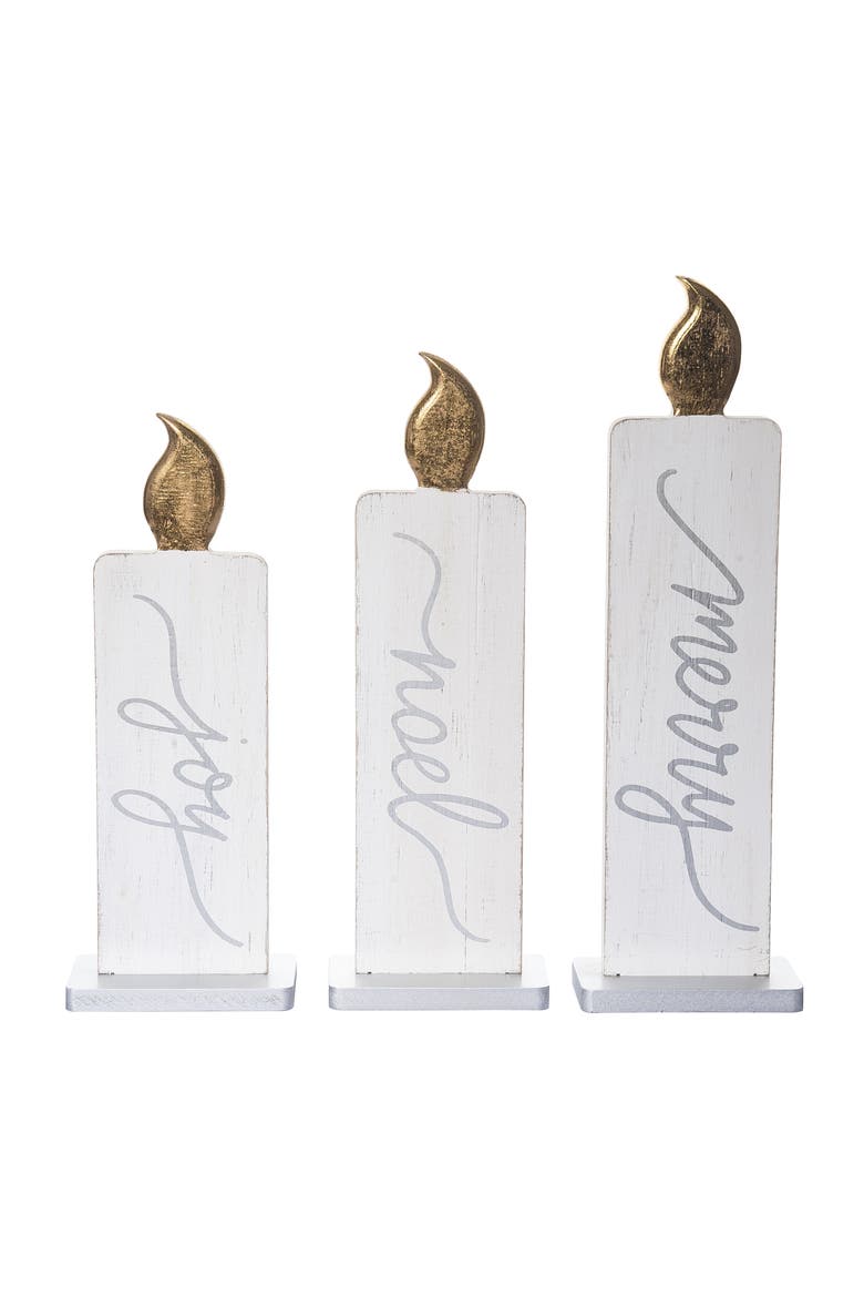 Off-White Wooden Christmas Candle Set of 3 Decorative Accent, Main, color, White