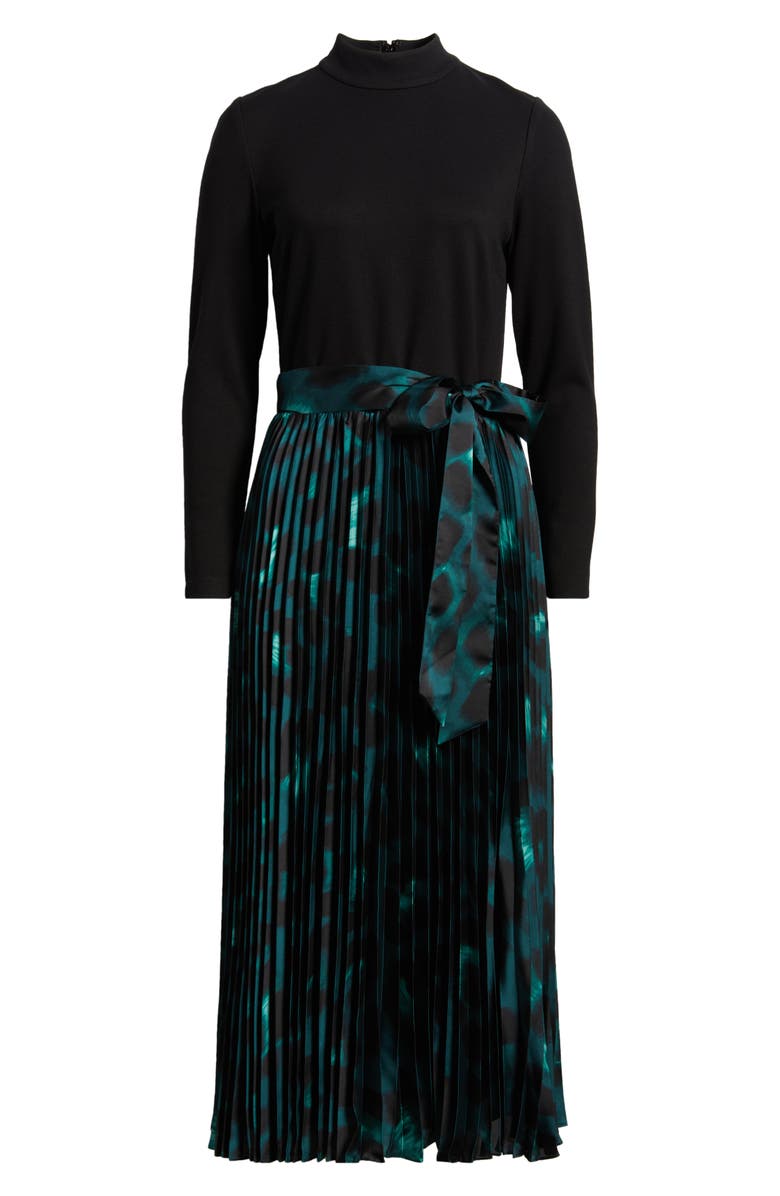 Anne Klein Pleated Tie Belt Long Sleeve Mixed Media Dress, Alternate, color,