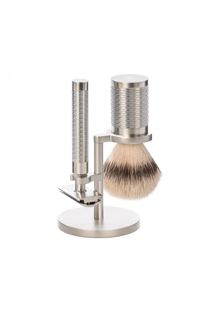 MÜHLE Rocca Silver Matt Stainless Steel 3-Piece Silvertip Fiber & Safety Razor Shaving Set, Main, color, Silver