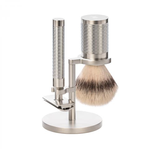 Rocca Silver Matt Stainless Steel 3-Piece Silvertip Fiber & Safety Razor Shaving Set