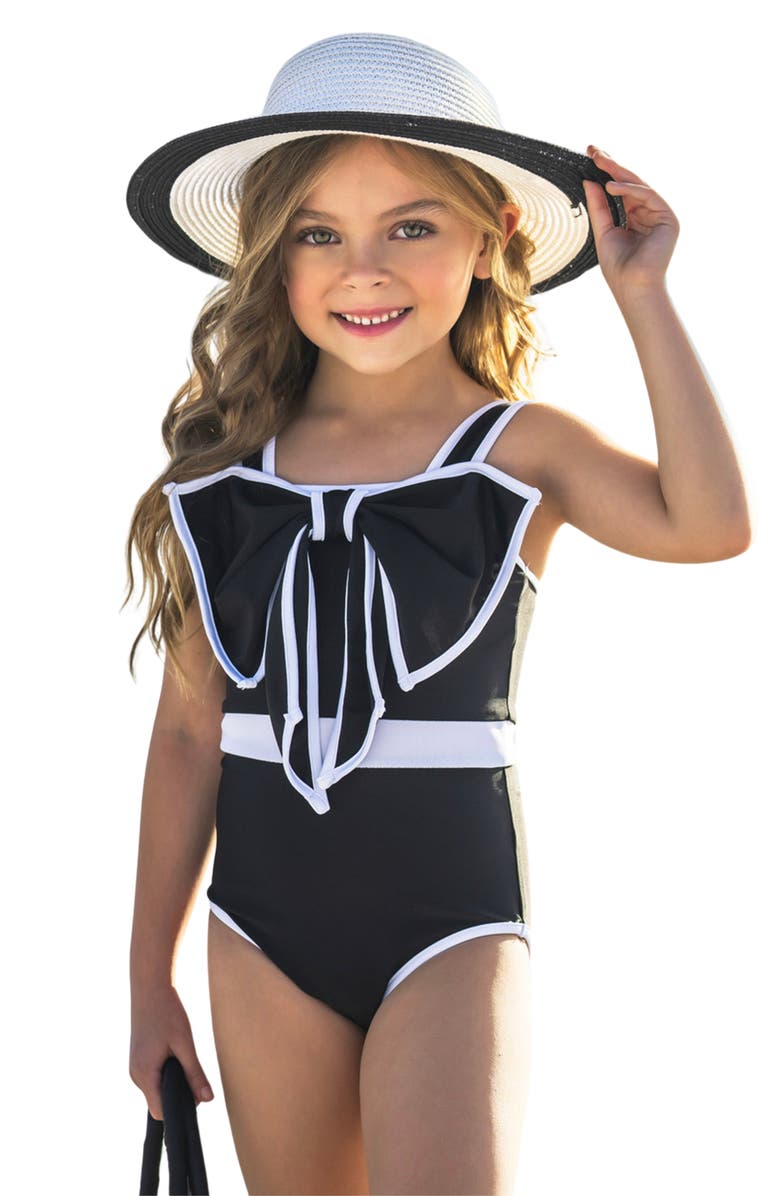 Mia Belle Girls Sun-Kissed Elegance Statement Bow Black One Piece Swimsuit, Main, color, 