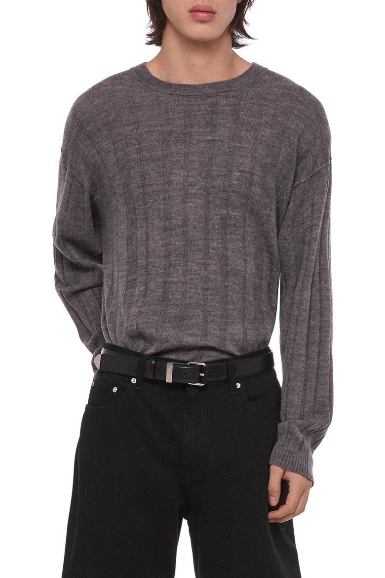 Sheer Ribbed Merino Wool Crewneck Sweater, Main, color, DARK GREY