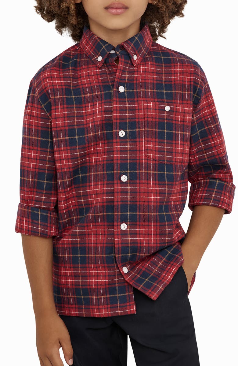 Reiss Kids' Bronts Kids' Plaid Cotton Button-Down Shirt, Alternate, color, Red/ Navy Blue
