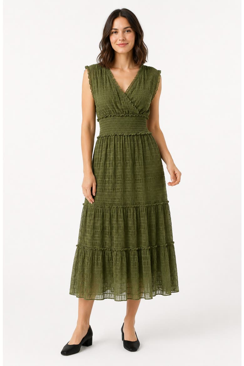 Crinkle Mesh Tiered Midi Dress, Alternate, color, MARTINI OLIVE