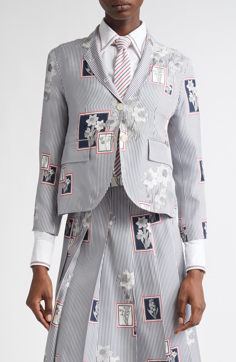 Thom Browne Framed Floral Print Fit 3 High Armhole Silk Twill Sport Coat, Main, color, Navy