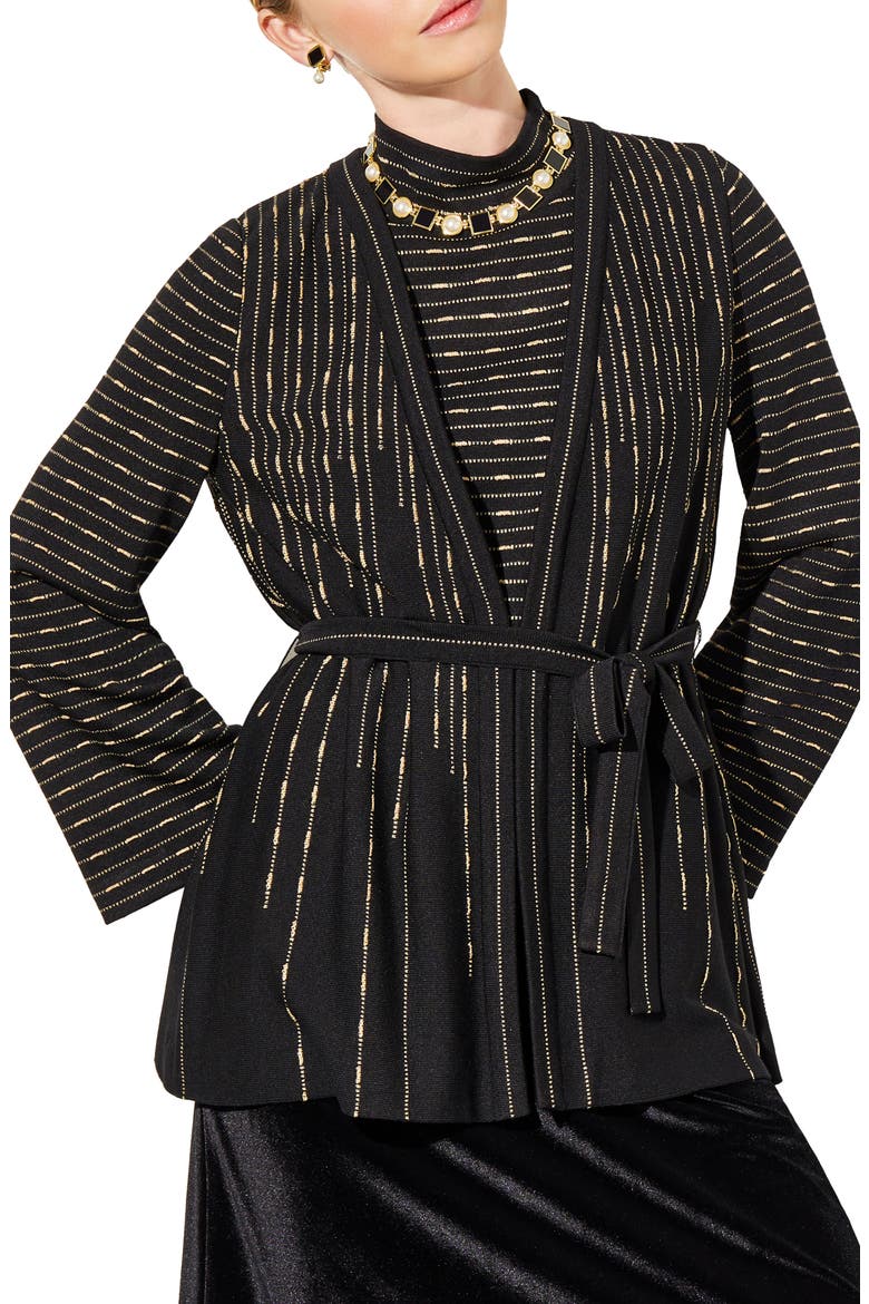 Belted Shimmer Stripe Jacket, Main, color, BLACK/GOLD