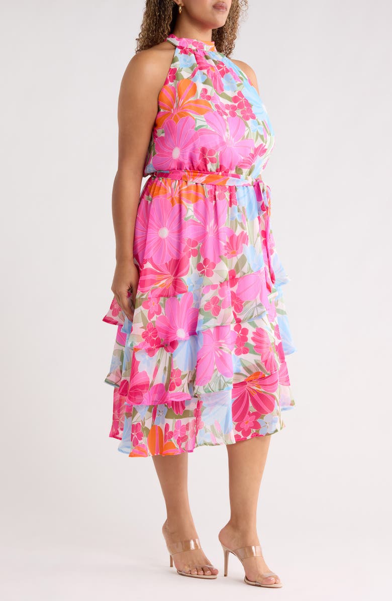 SUGARLIPS Calista Floral Ivone Ruffle Midi Dress, Alternate, color, Pink-Blue-Multi