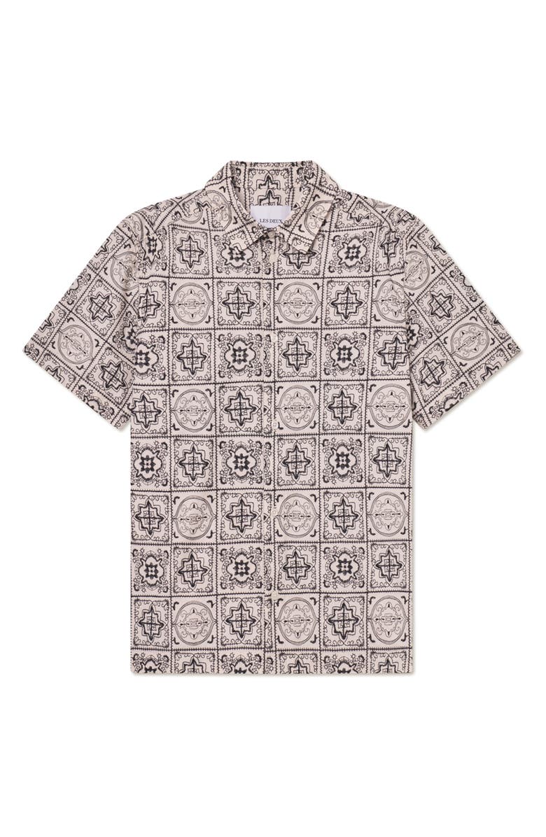 Les Deux Larry Tile Print Short Sleeve Cotton Button-Up Shirt, Alternate, color, Ivory