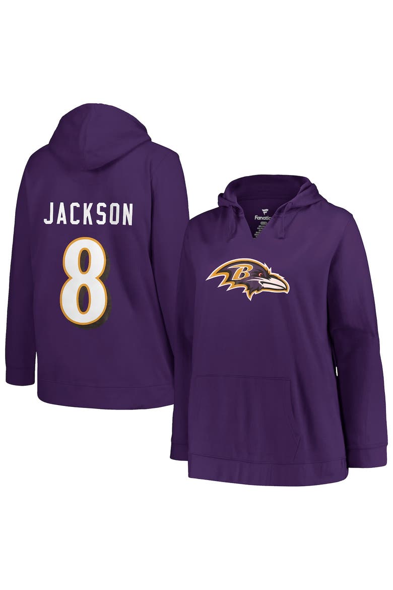 Women's Profile Lamar Jackson Purple Baltimore Ravens Plus Size Player Name & Number Pullover Hoodie, Alternate, color, Purple