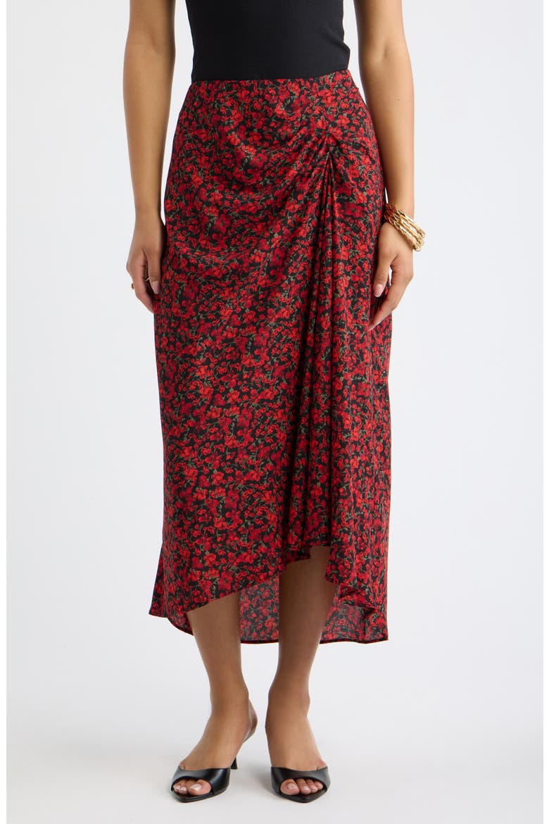 Ruched Side Midi Skirt, Main, color, BLACK RED DARA DITSY