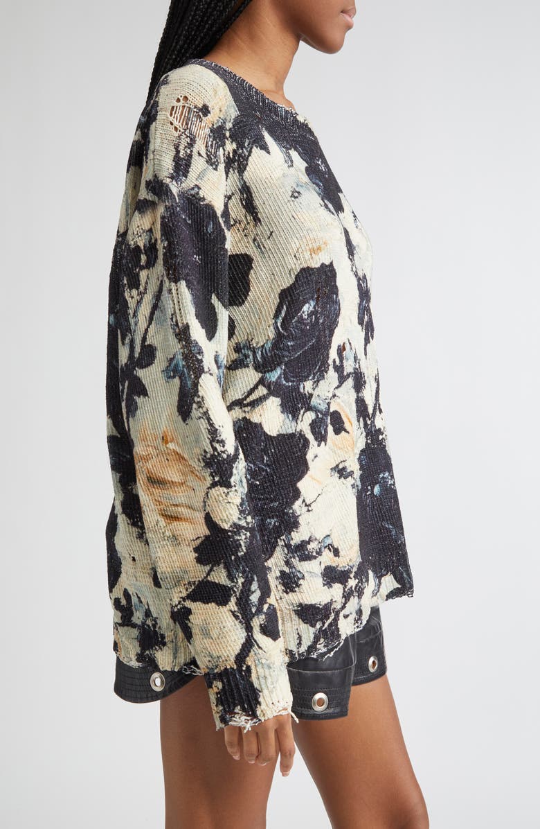 R13 Distressed Floral Cotton Sweater, Alternate, color, Black And Cream Floral