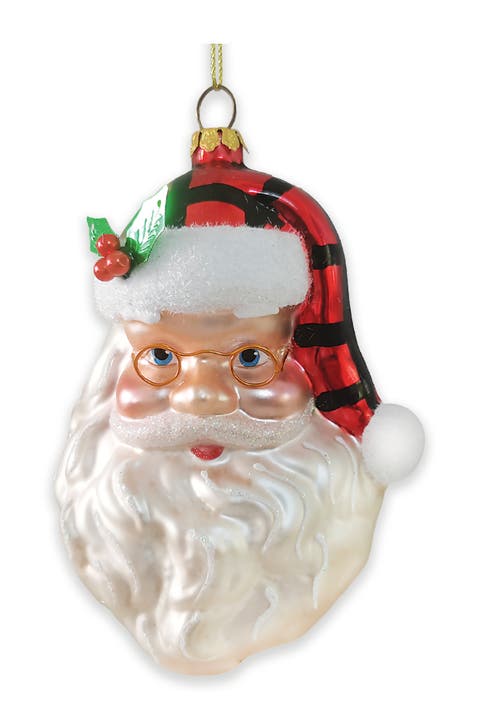 Plaid Hat Santa Head Glass Ornament