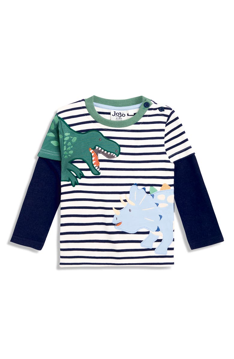 JOJO MAMAN BEBE Kids' Stripe Appliqué Dinosaur Layered Look Long Sleeve Cotton T-Shirt, Main, color, Navy Ecru Stripe